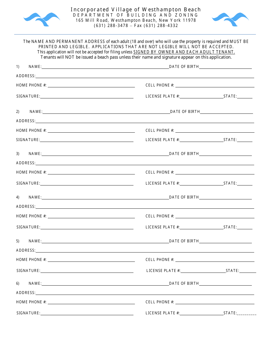 Village Of Westhampton Beach, New York Summer Rental Application - Fill 