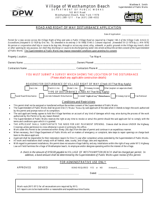 Road and Right of Way Disturbance Application - Village of Westhampton Beach, New York Download Pdf