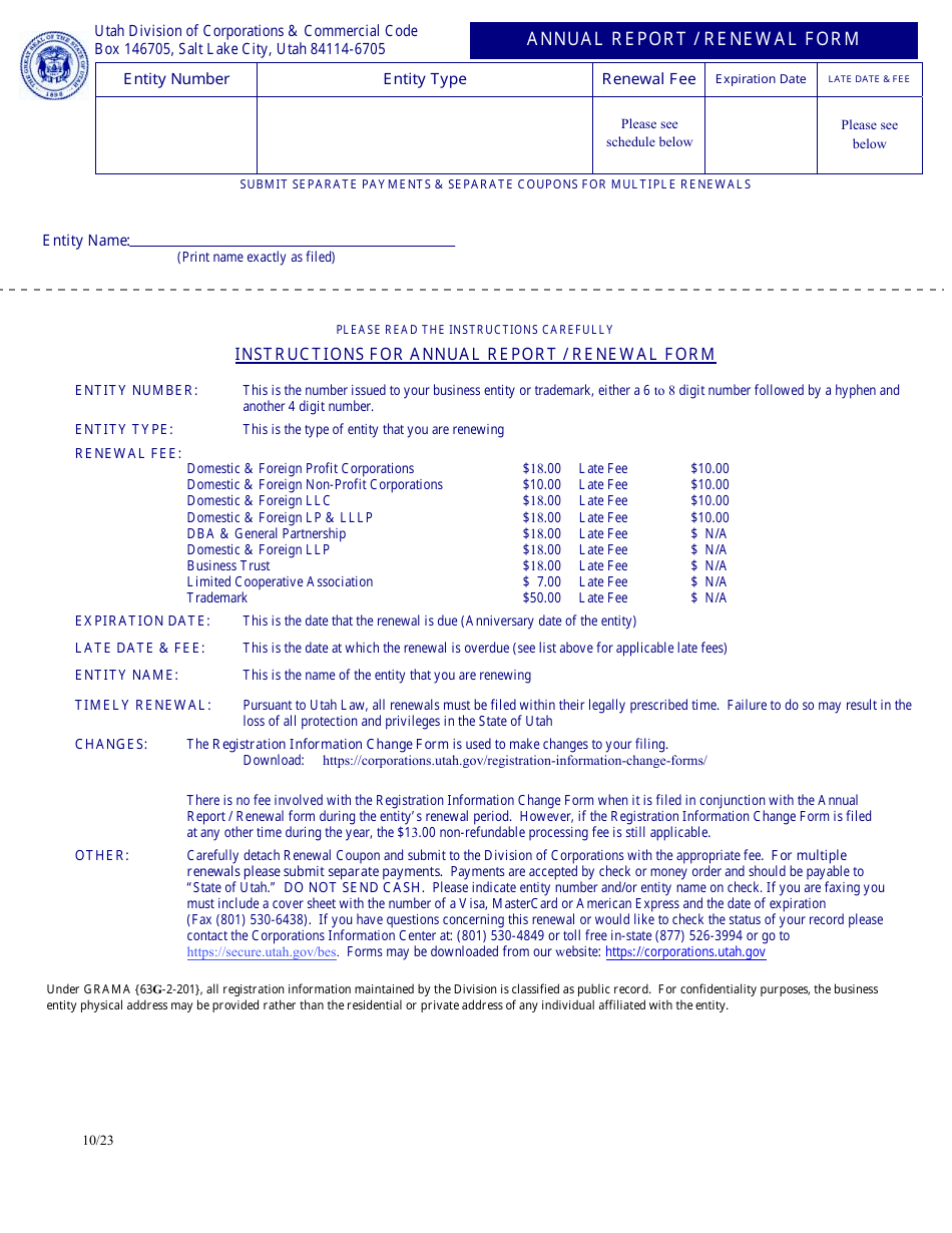 Annual Report / Renewal Form - Utah, Page 1