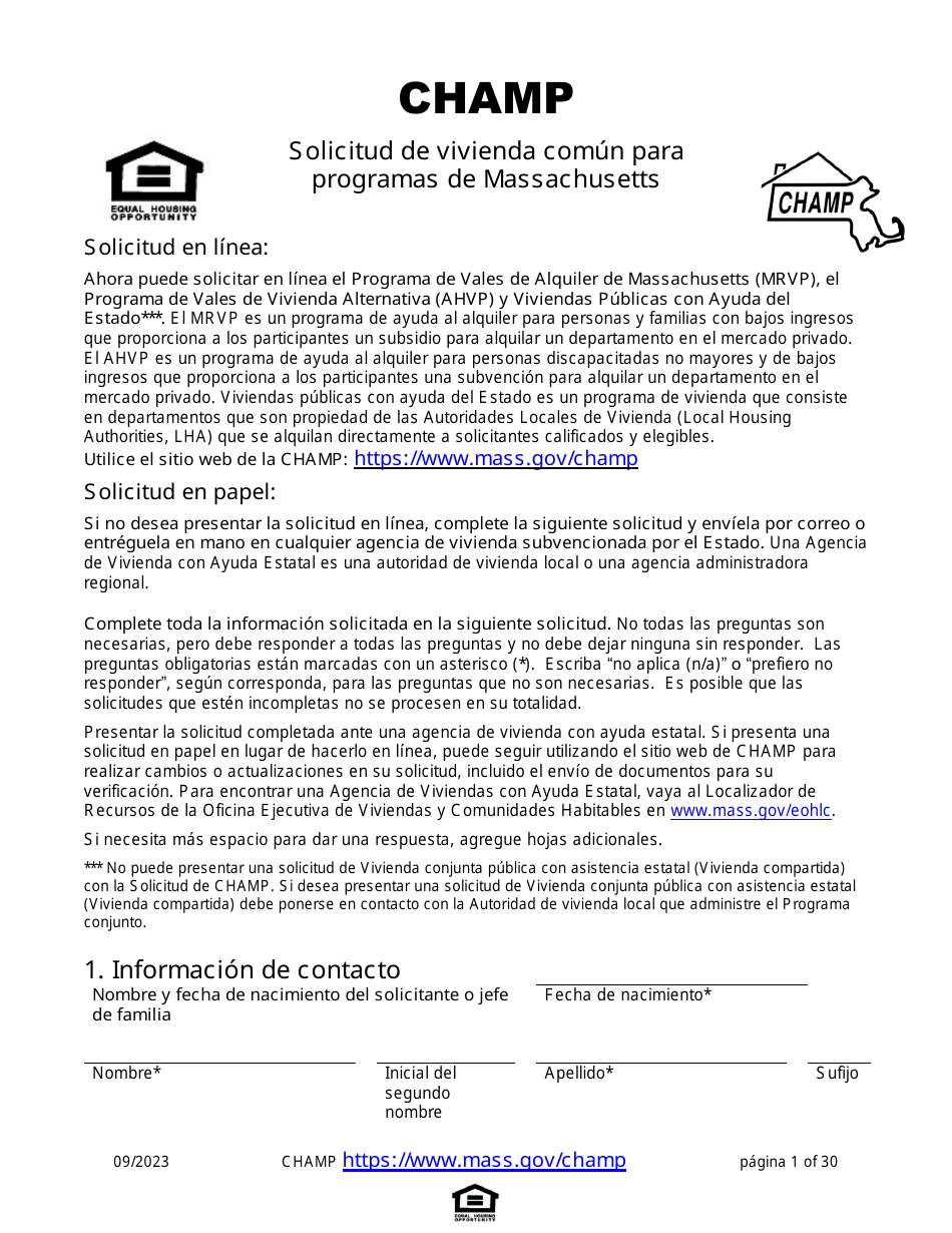 Solicitud De Vivienda Comun Para Programas De Massachusetts - Massachusetts (Spanish), Page 1