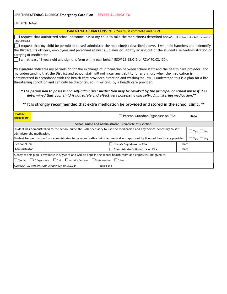 Life Threatening Allergy Emergency Care Plan - Washington, Page 3