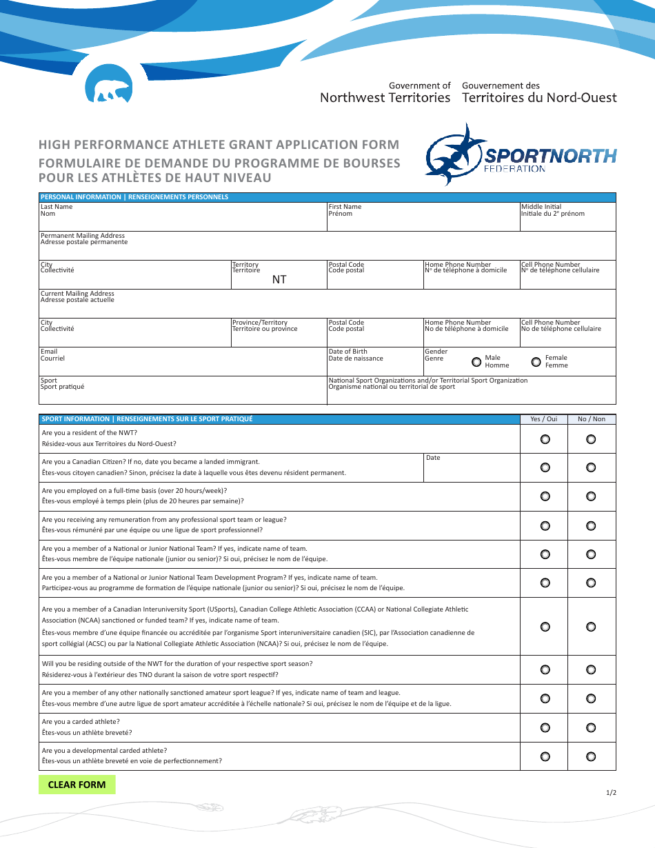 High Performance Athlete Grant Application Form - Northwest Territories, Canada (English / French), Page 1