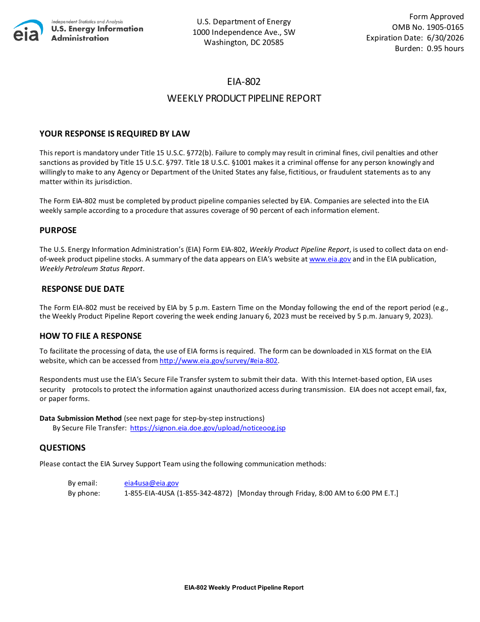 Instructions for Form EIA-802 Weekly Product Pipeline Report, Page 1