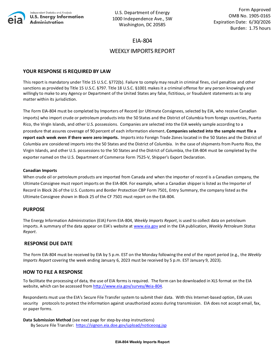 Instructions for Form EIA-804 Weekly Imports Report, Page 1
