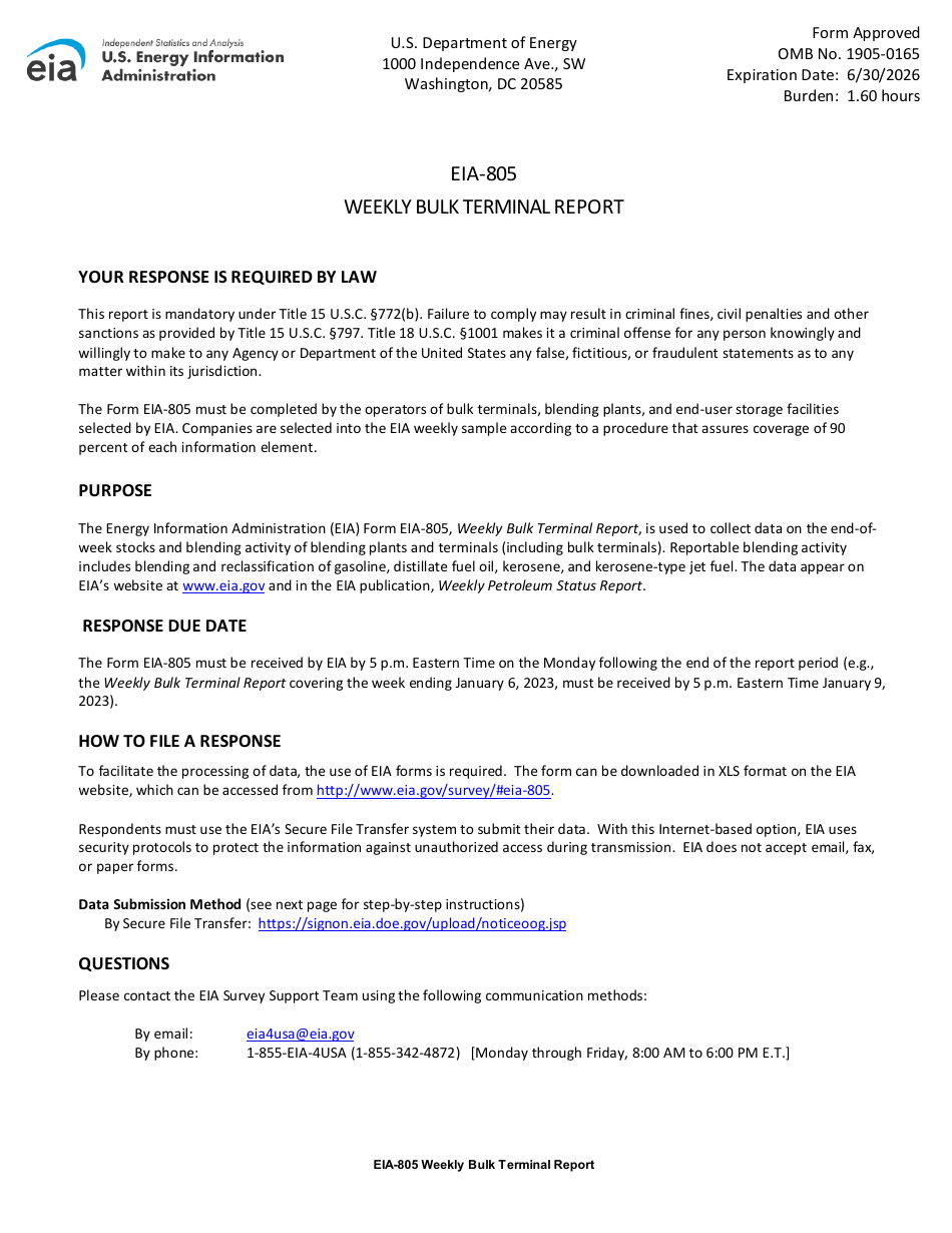 Instructions for Form EIA-805 Weekly Bulk Terminal Report, Page 1