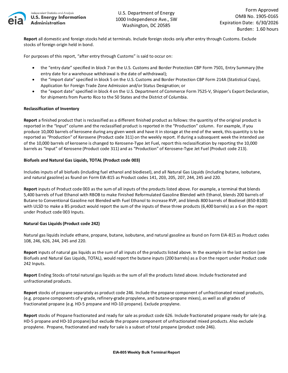 Instructions for Form EIA-805 Weekly Bulk Terminal Report, Page 5
