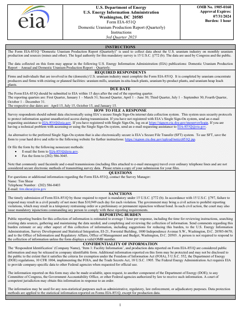 Instructions for Form EIA-851Q Domestic Uranium Production Report (Quarterly) - 3rd Quarter, 2023