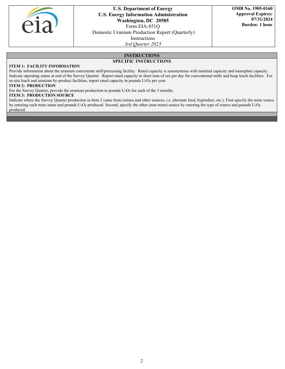 Instructions for Form EIA-851Q Domestic Uranium Production Report (Quarterly) - 3rd Quarter, Page 2