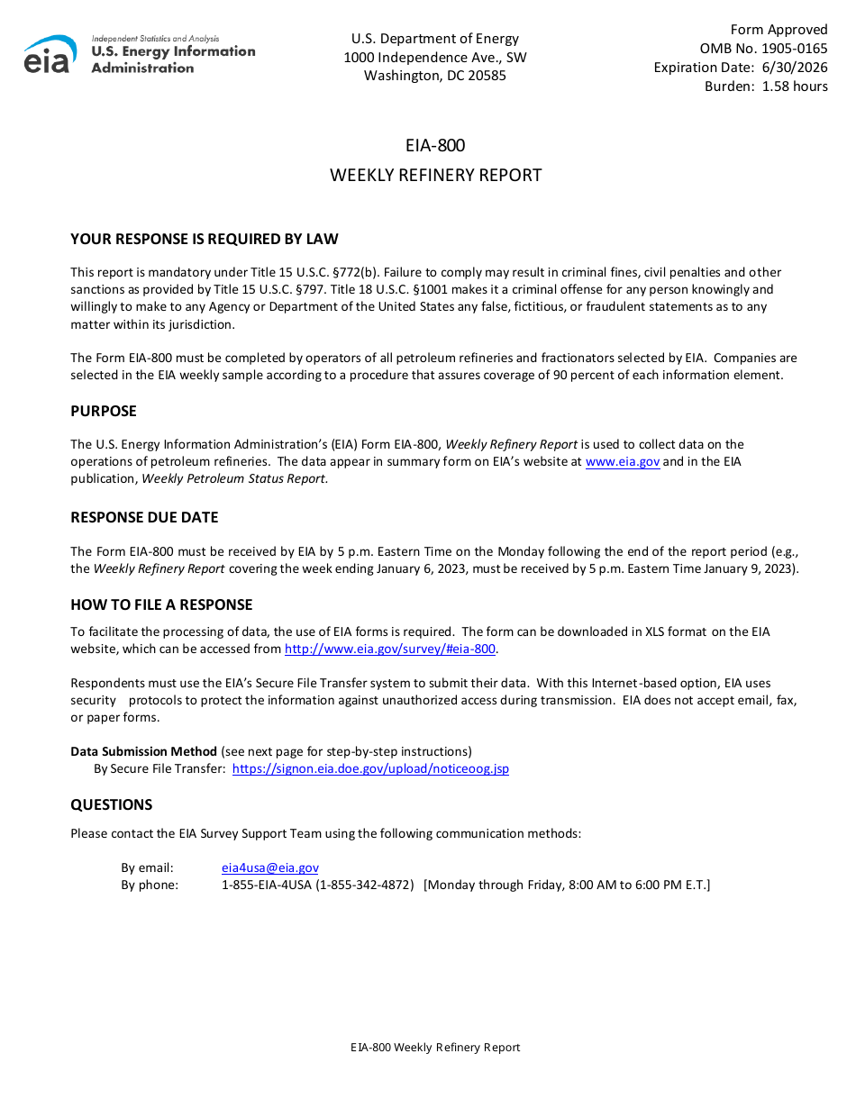 Instructions for Form EIA-800 Weekly Refinery Report, Page 1