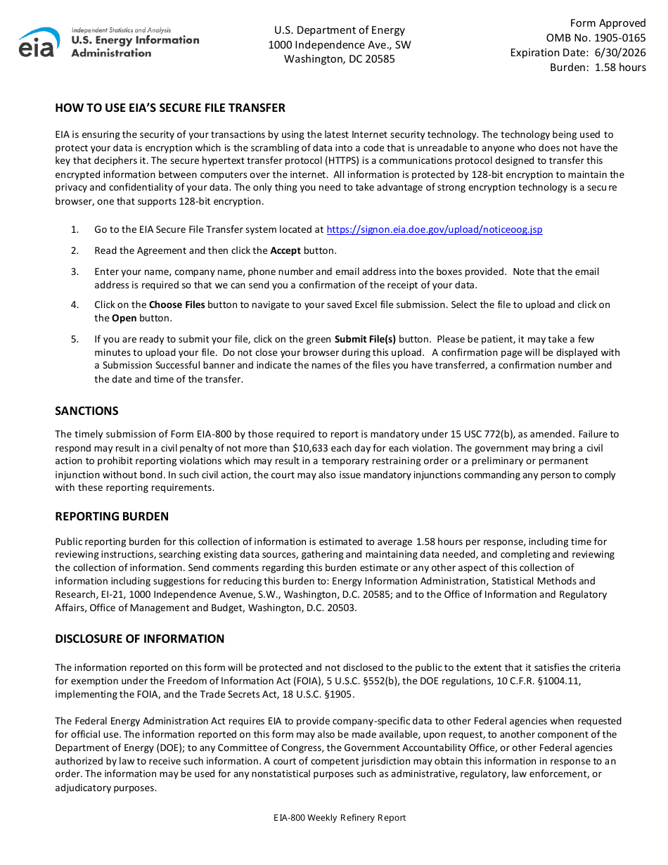 Instructions for Form EIA-800 Weekly Refinery Report, Page 2