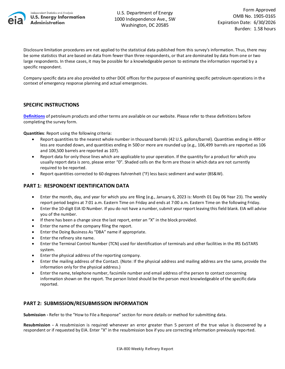 Instructions for Form EIA-800 Weekly Refinery Report, Page 3