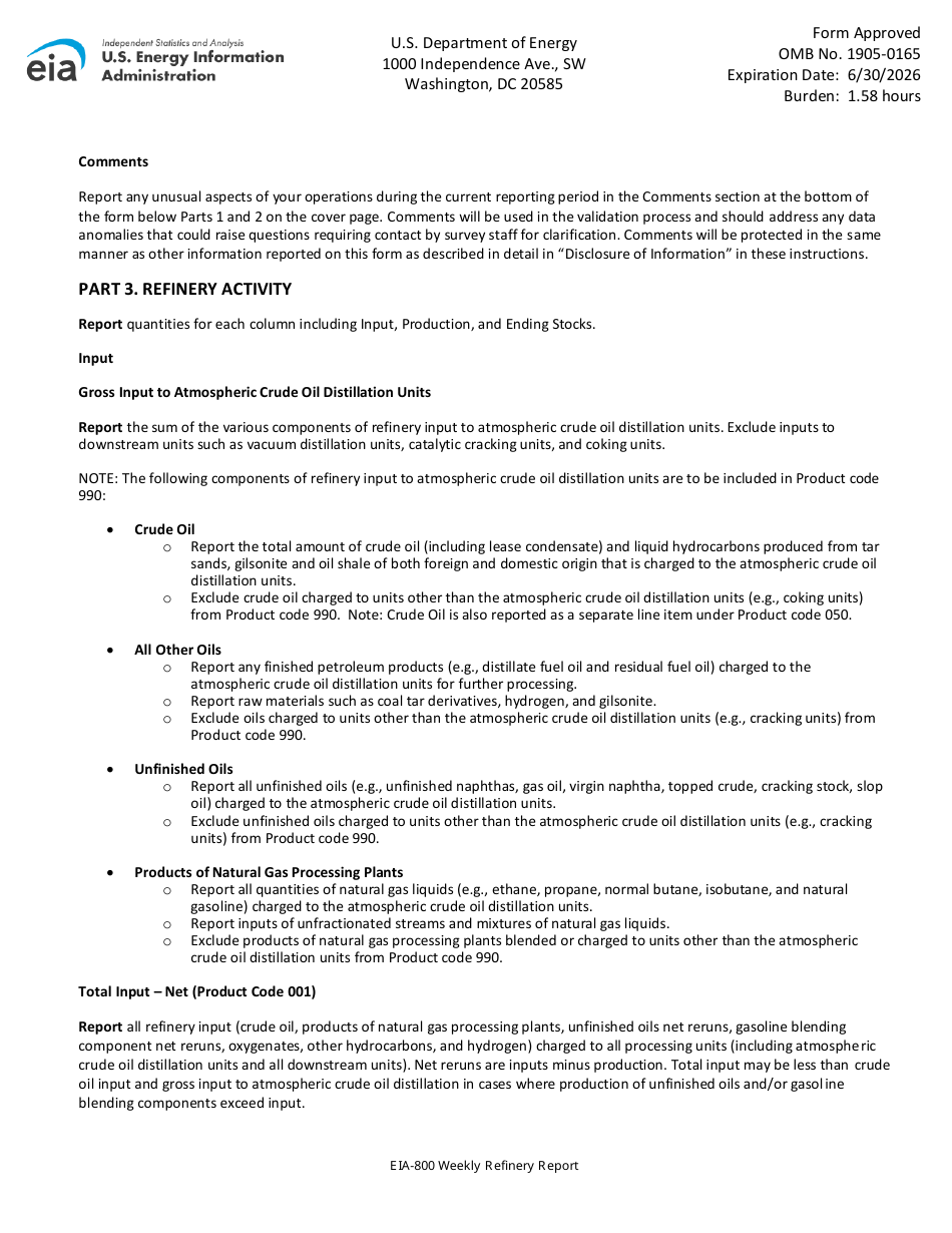 Instructions for Form EIA-800 Weekly Refinery Report, Page 4