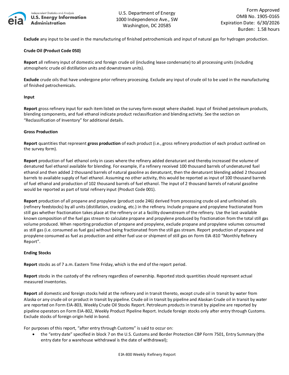 Instructions for Form EIA-800 Weekly Refinery Report, Page 5
