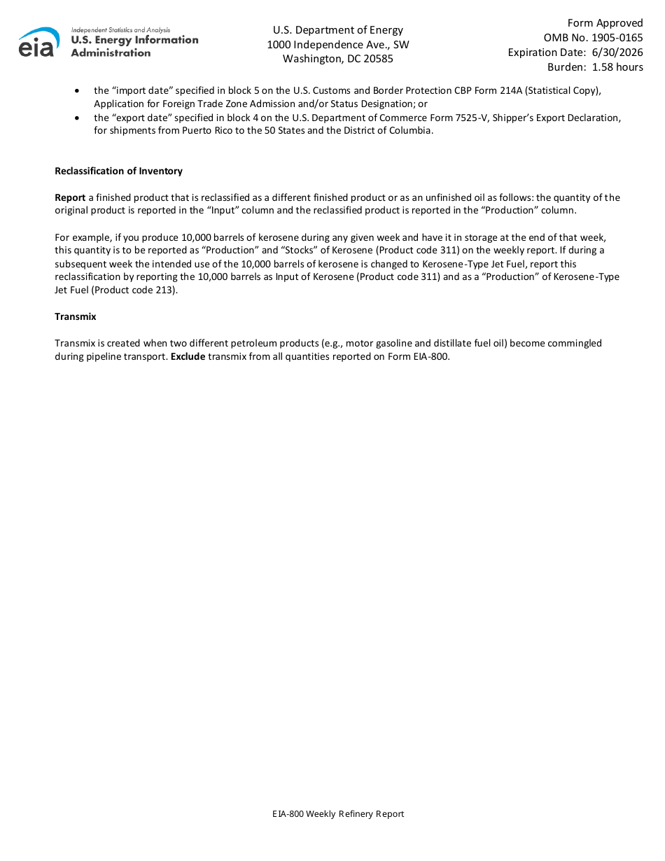 Instructions for Form EIA-800 Weekly Refinery Report, Page 6