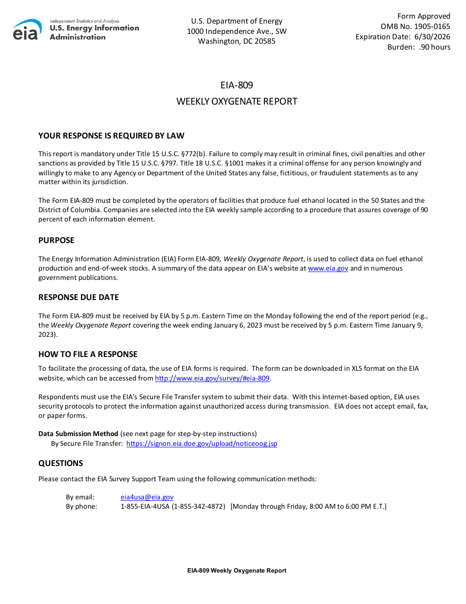 Instructions for Form EIA-809 Weekly Oxygenate Report, Page 1