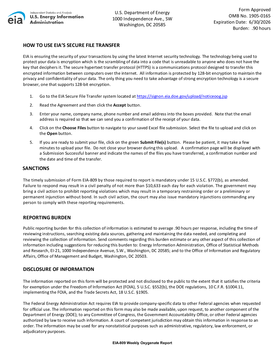 Instructions for Form EIA-809 Weekly Oxygenate Report, Page 2