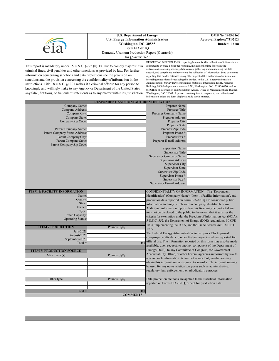 Form EIA-851Q Domestic Uranium Production Report (Quarterly) - 3rd Quarter, Page 1