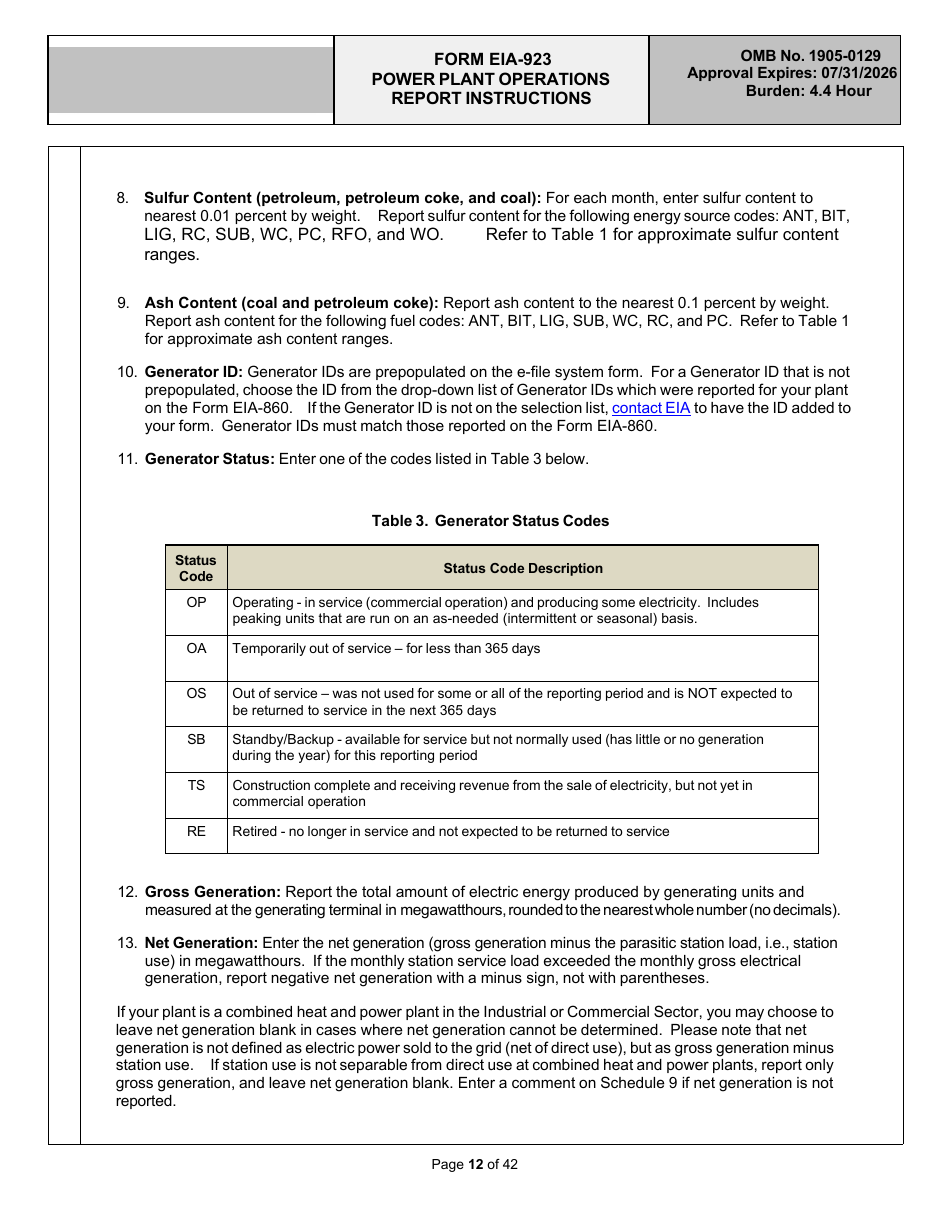 Instructions for Form EIA-923 Power Plant Operations Report, Page 12