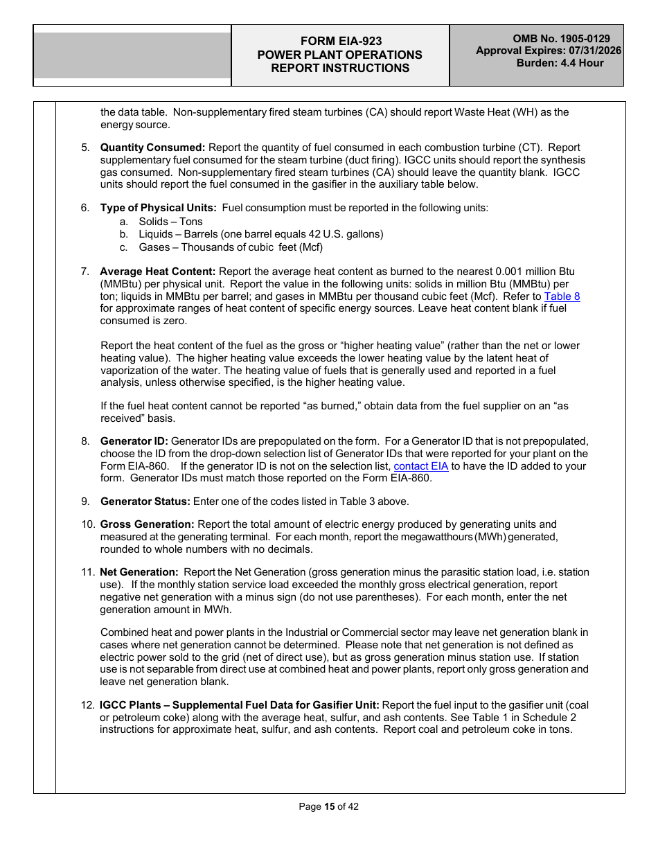 Instructions for Form EIA-923 Power Plant Operations Report, Page 15