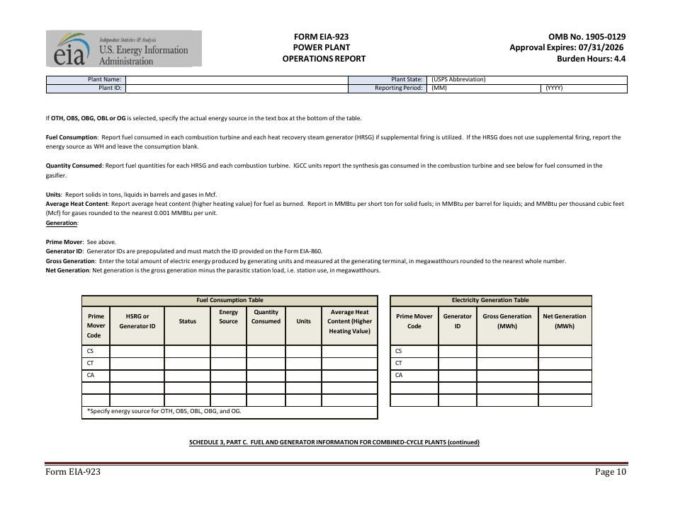 Form EIA-923 Power Plant Operations Report, Page 10
