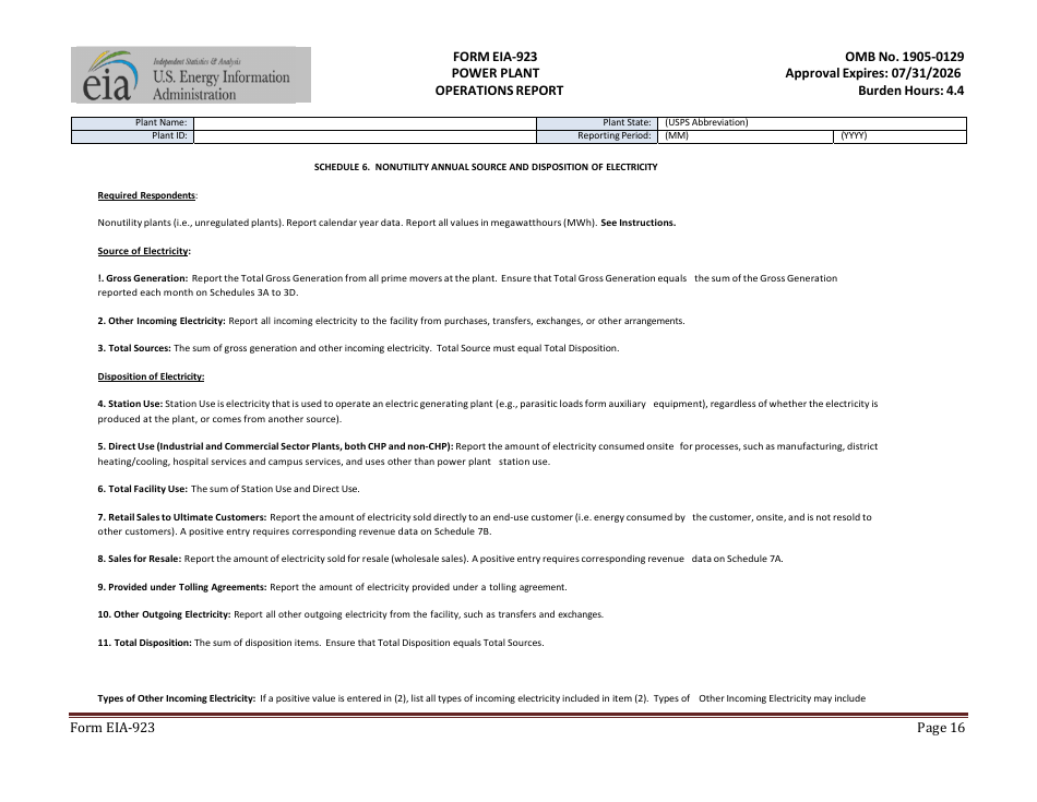 Form EIA-923 Power Plant Operations Report, Page 16