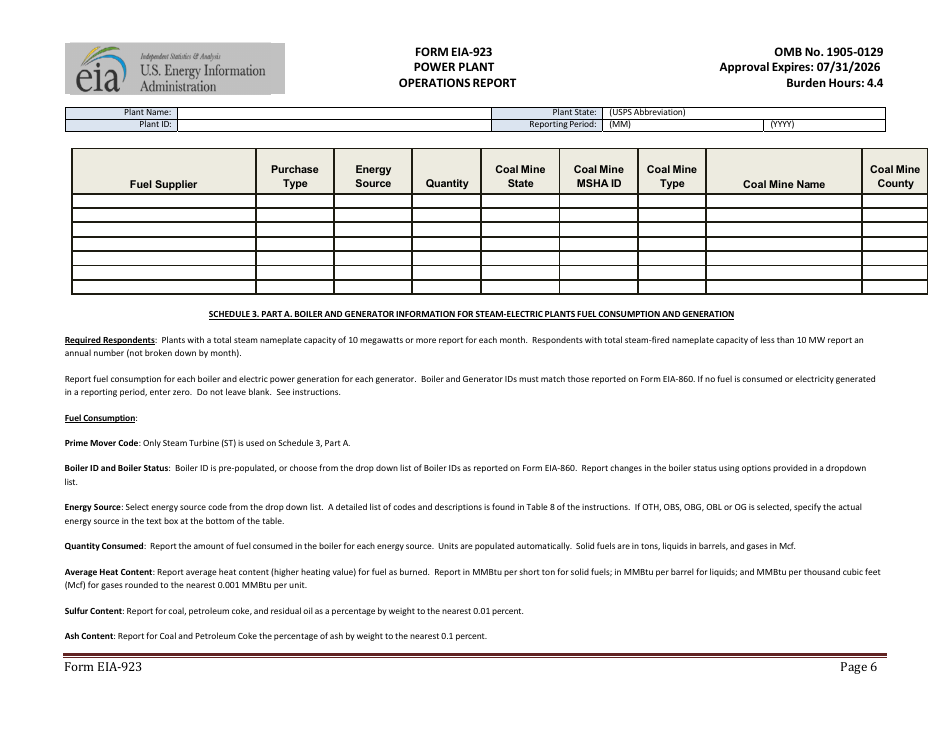 Form EIA-923 Power Plant Operations Report, Page 6