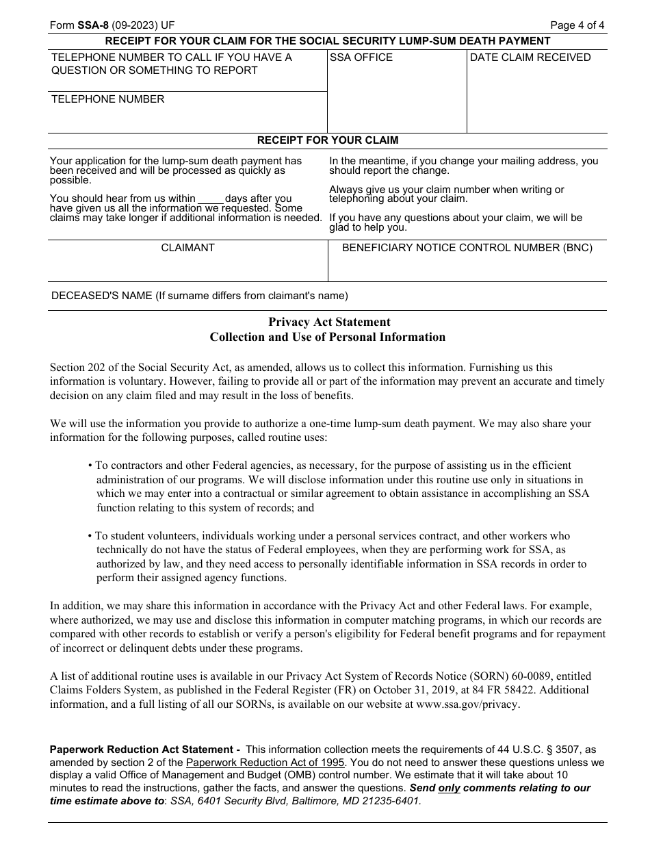 Form SSA-8 Application for Lump-Sum Death Payment, Page 4