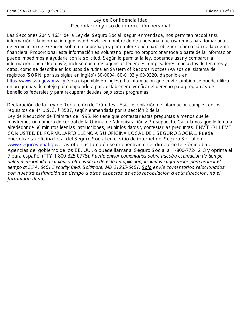 Formulario SS-632-BK-SP Solicitud Para Una Exencion De Recuperacion De Sobrepago (Spanish), Page 10