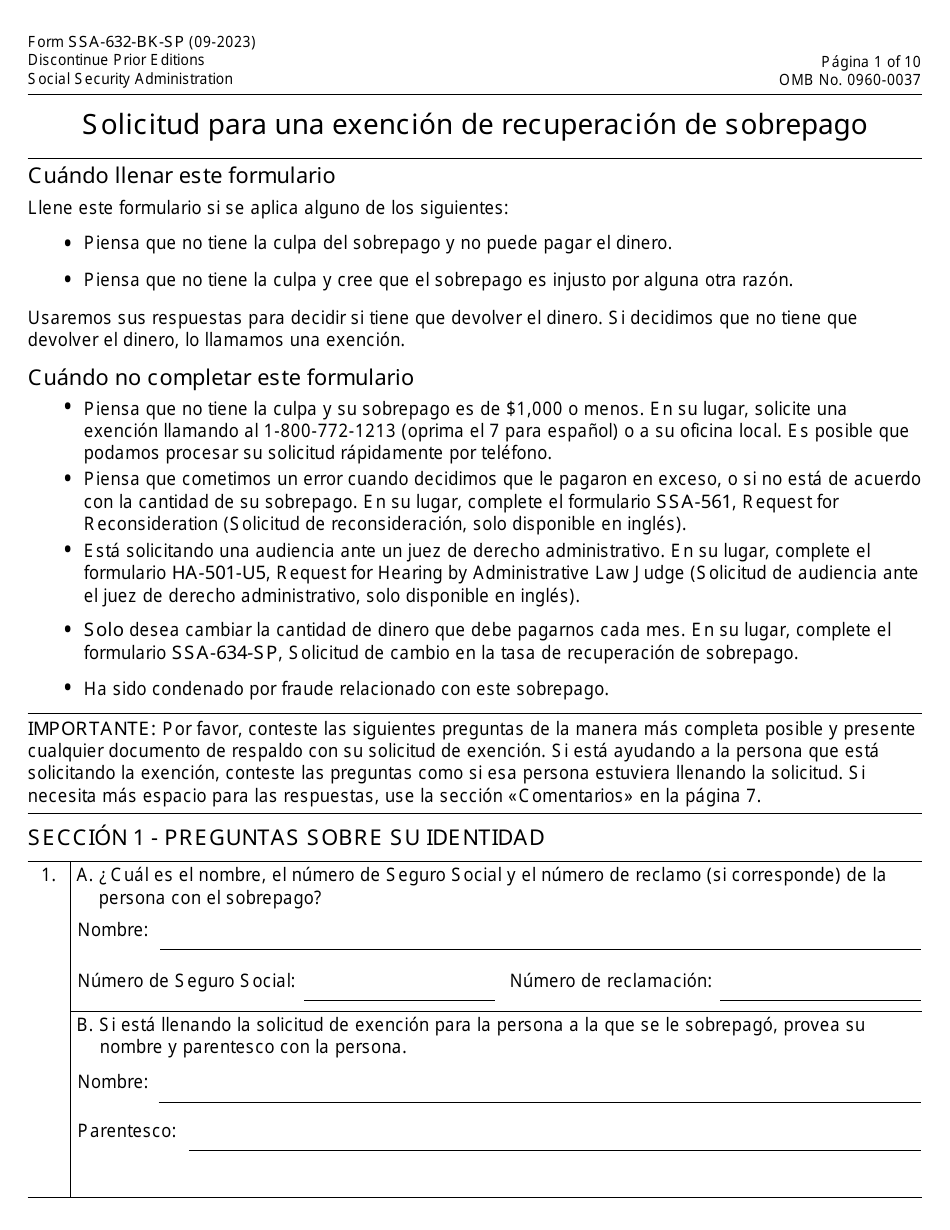 Formulario SS-632-BK-SP Solicitud Para Una Exencion De Recuperacion De Sobrepago (Spanish), Page 1
