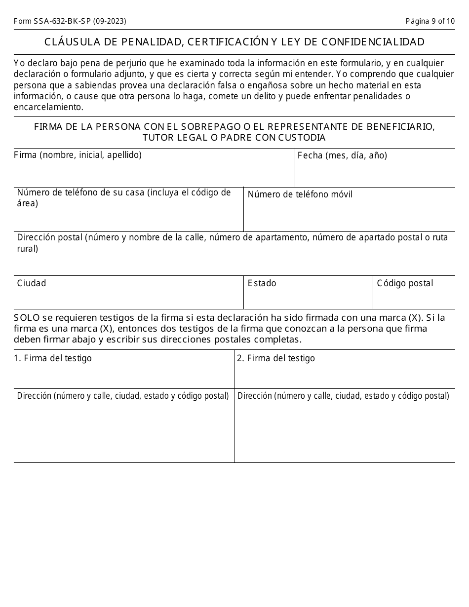 Formulario SS-632-BK-SP Solicitud Para Una Exencion De Recuperacion De Sobrepago (Spanish), Page 9