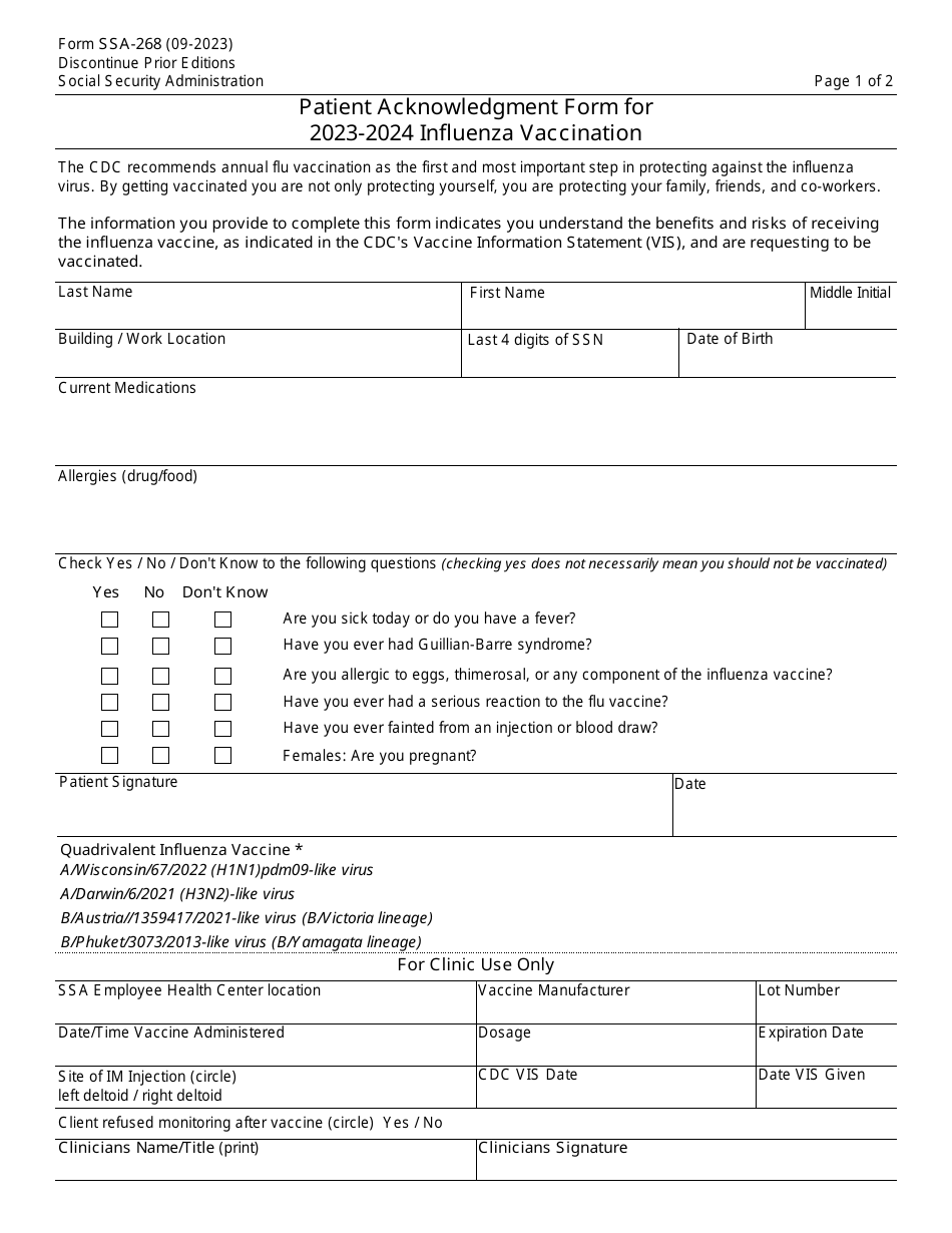 Form SSA-268 Patient Acknowledgment Form for Influenza Vaccination, Page 1