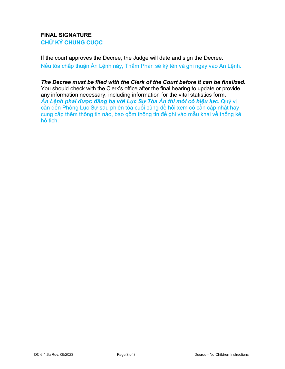 Instructions for Form DC6:4.6 Decree for Dissolution (No Children) - Nebraska (English / Vietnamese), Page 3