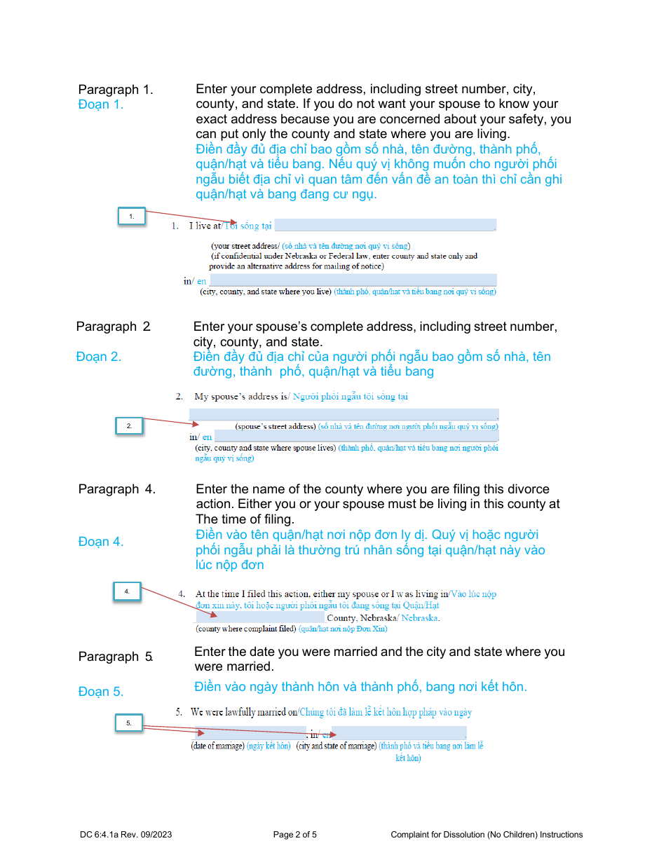 Instructions for Form DC6:4.1 Complaint for Dissolution of Marriage (No Children) - Nebraska (English / Vietnamese), Page 2