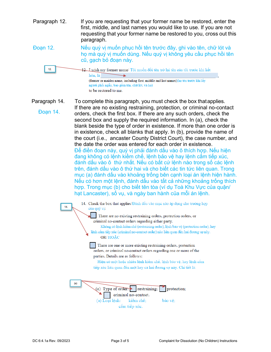 Instructions for Form DC6:4.1 Complaint for Dissolution of Marriage (No Children) - Nebraska (English / Vietnamese), Page 3