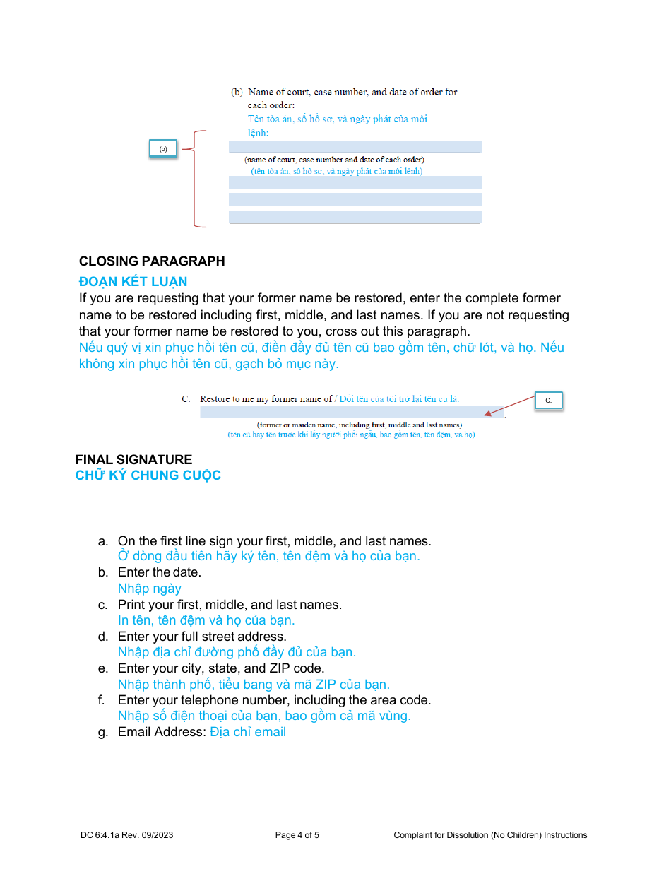 Instructions for Form DC6:4.1 Complaint for Dissolution of Marriage (No Children) - Nebraska (English / Vietnamese), Page 4