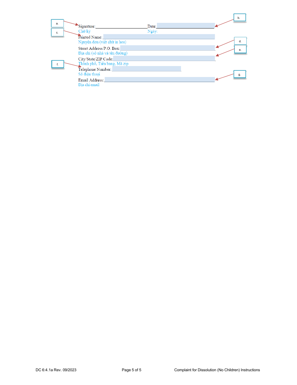 Instructions for Form DC6:4.1 Complaint for Dissolution of Marriage (No Children) - Nebraska (English / Vietnamese), Page 5