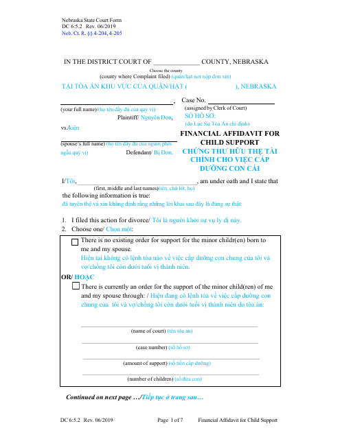 Form DC6:5.2 Financial Affidavit for Child Support - Nebraska (English/Vietnamese)