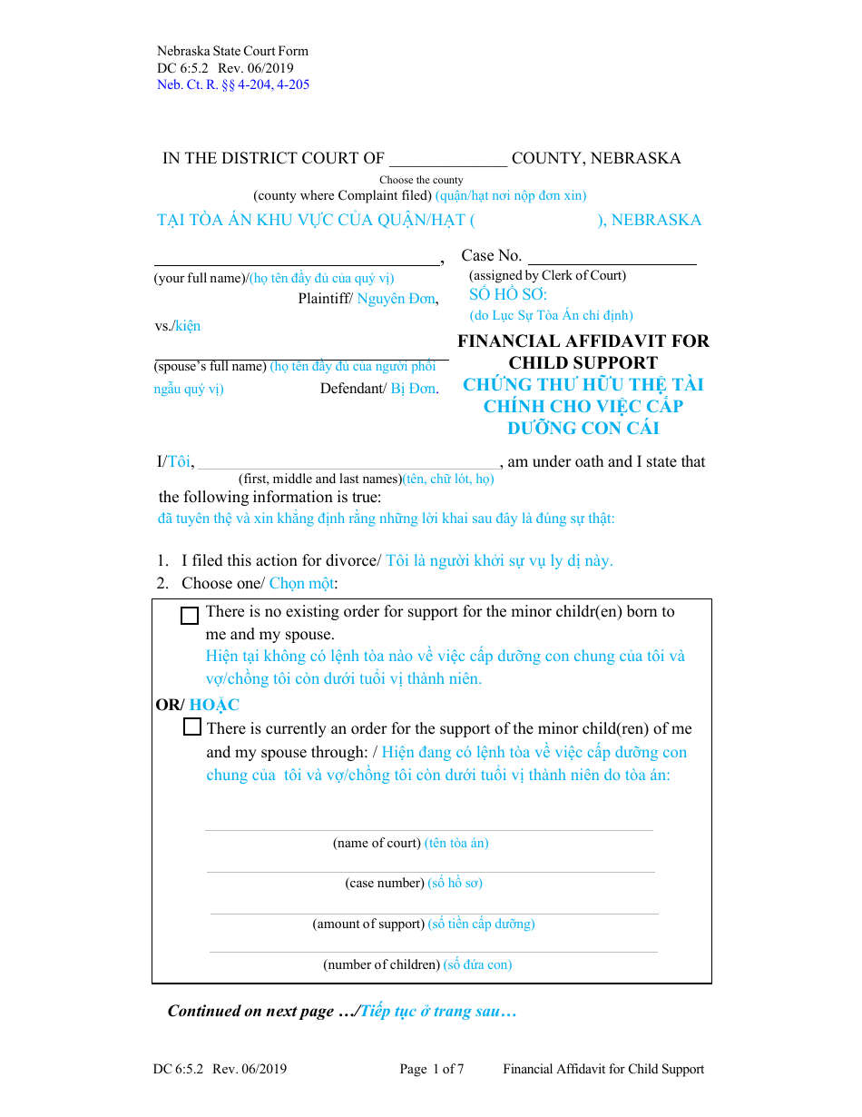 Form DC6:5.2 Financial Affidavit for Child Support - Nebraska (English / Vietnamese), Page 1