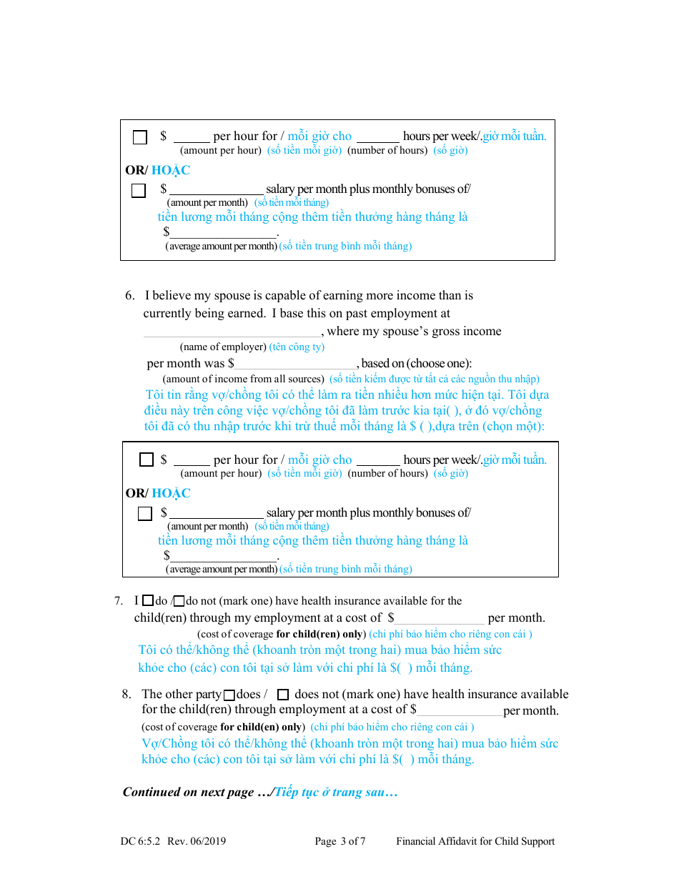 Form DC6:5.2 Financial Affidavit for Child Support - Nebraska (English / Vietnamese), Page 3