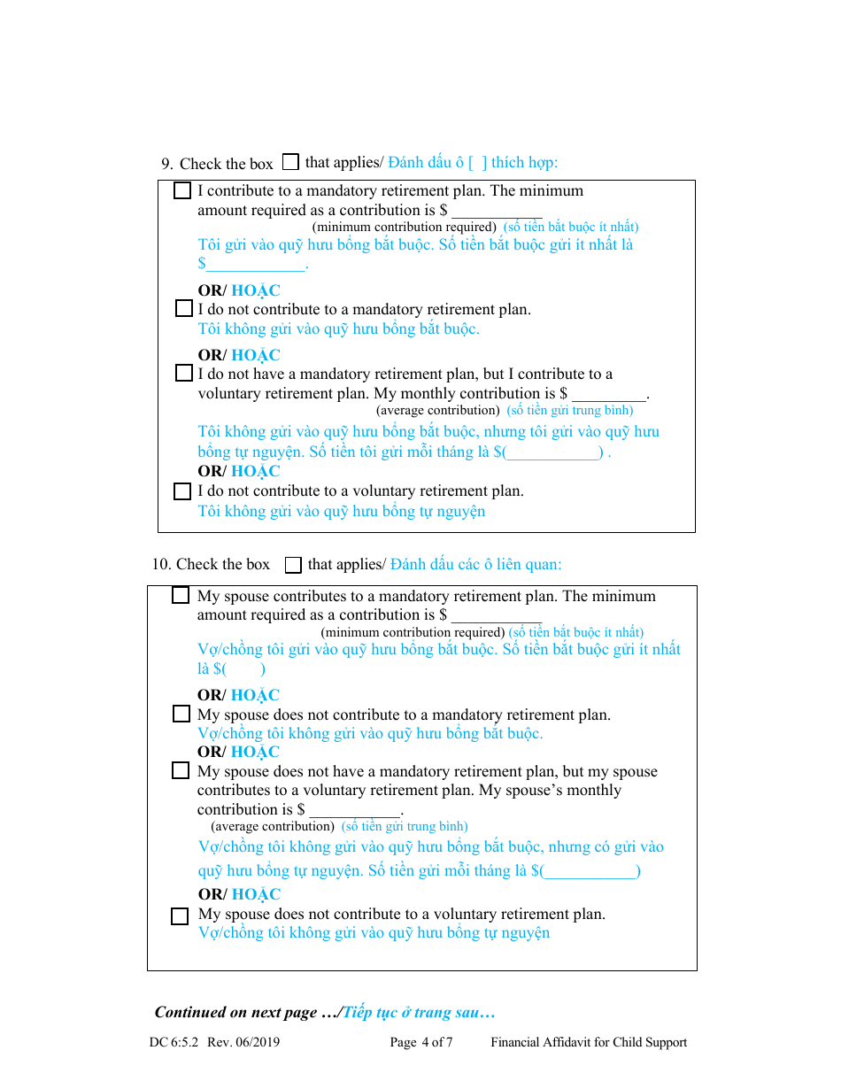 Form DC6:5.2 Financial Affidavit for Child Support - Nebraska (English / Vietnamese), Page 4