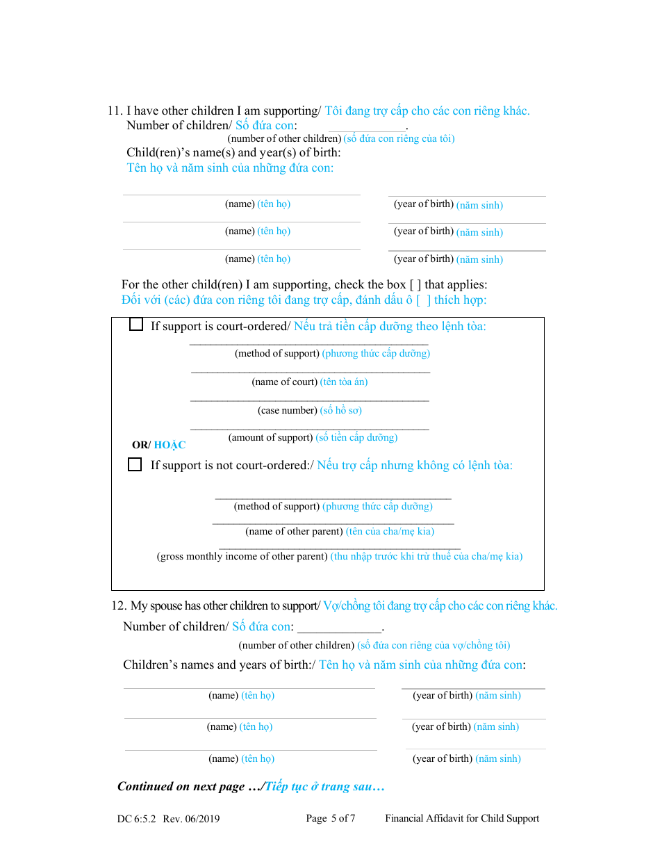 Form DC6:5.2 Financial Affidavit for Child Support - Nebraska (English / Vietnamese), Page 5
