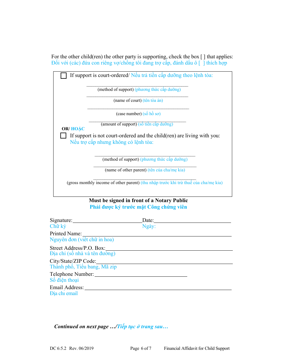 Form DC6:5.2 Financial Affidavit for Child Support - Nebraska (English / Vietnamese), Page 6