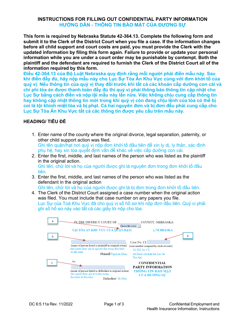 Instructions for Form DC6:5.11 Confidential Party Information - Nebraska (English / Vietnamese), Page 1