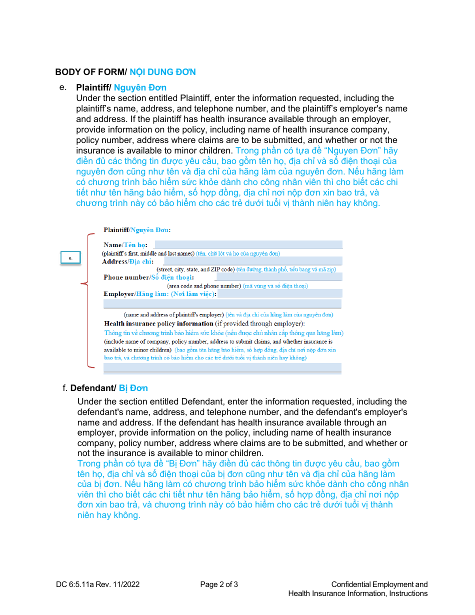 Instructions for Form DC6:5.11 Confidential Party Information - Nebraska (English / Vietnamese), Page 2