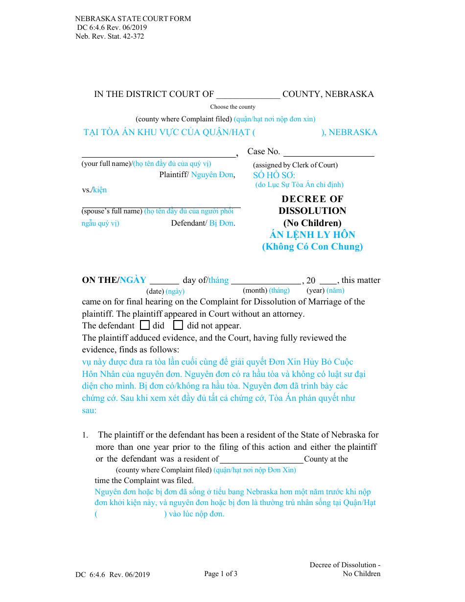 Form DC6:4.6 Decree of Dissolution (No Children) - Nebraska (English / Vietnamese), Page 1