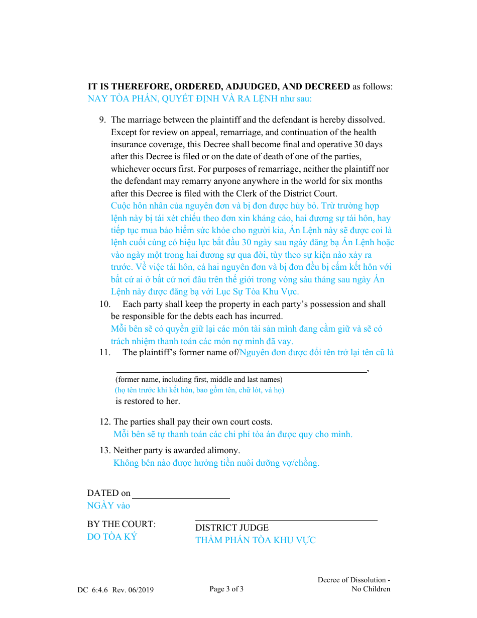 Form DC6:4.6 Decree of Dissolution (No Children) - Nebraska (English / Vietnamese), Page 3