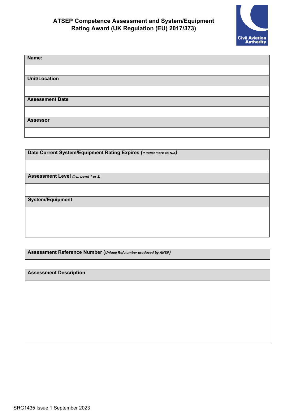 Form SRG1435 Atsep Competence Assessment and System / Equipment Rating Award (UK Regulation (Eu) 2017 / 373) - United Kingdom, Page 1