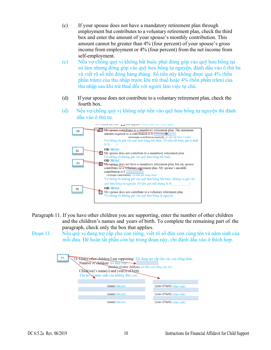 Instructions for Form DC6:5.2 Financial Affidavit for Child Support - Nebraska (English / Vietnamese), Page 10