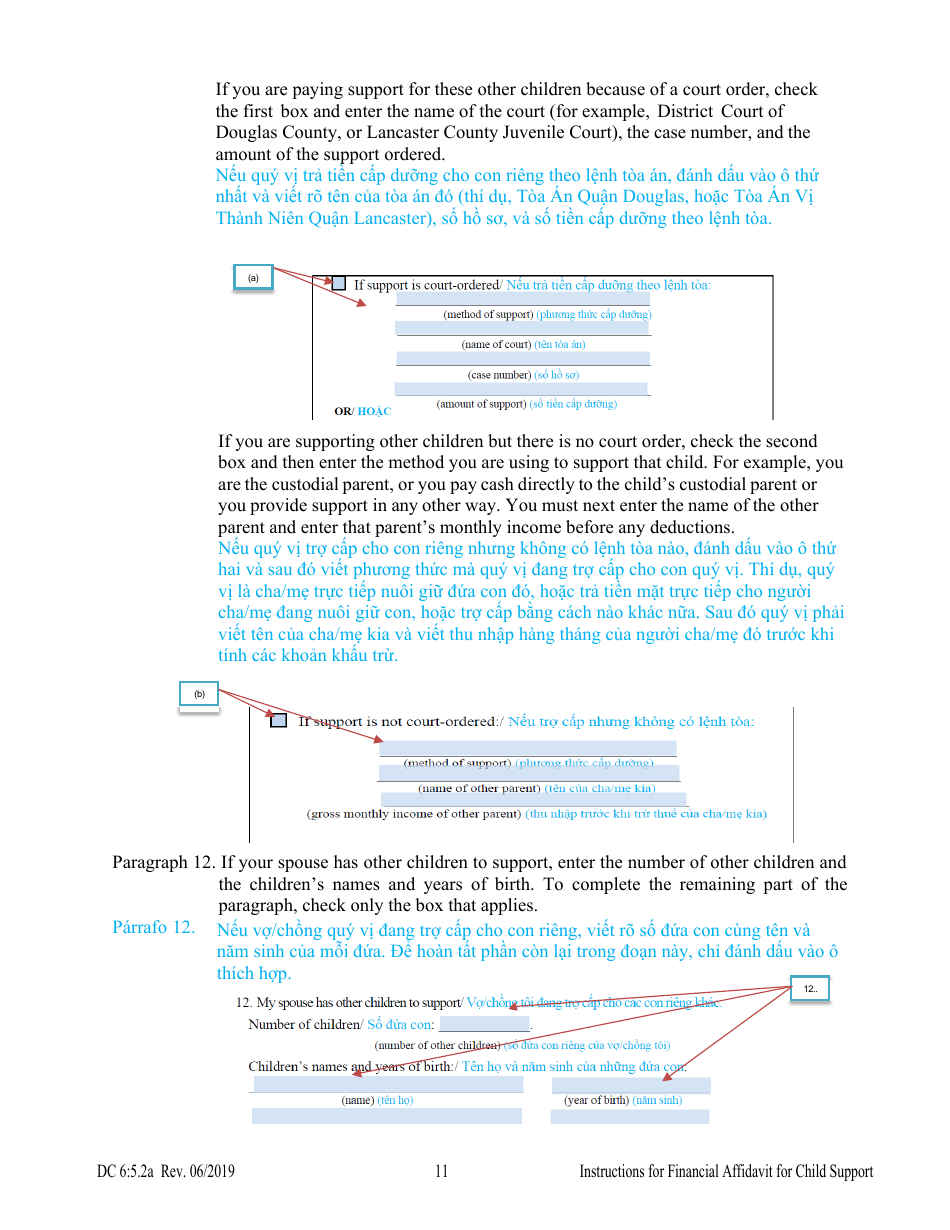 Instructions for Form DC6:5.2 Financial Affidavit for Child Support - Nebraska (English / Vietnamese), Page 11