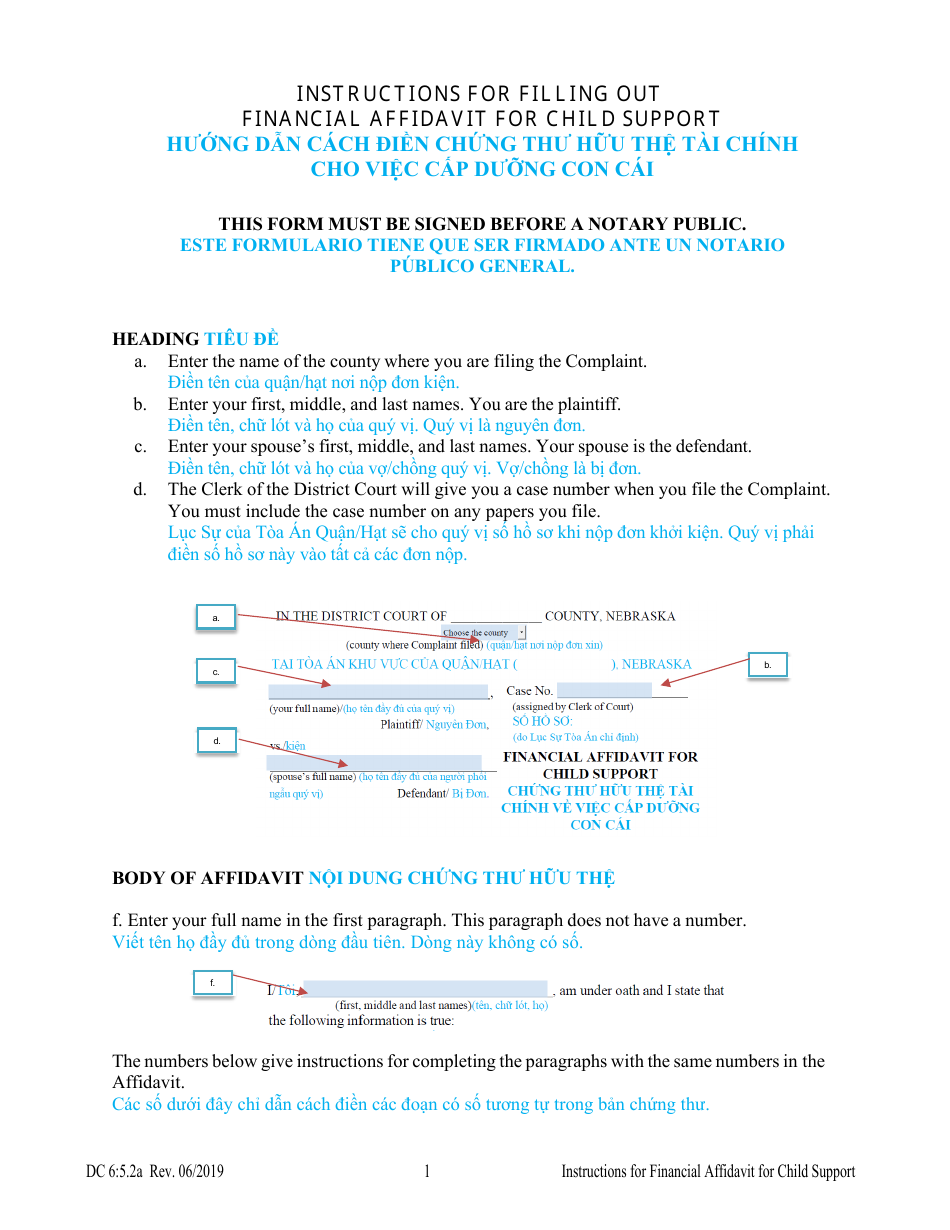 Instructions for Form DC6:5.2 Financial Affidavit for Child Support - Nebraska (English / Vietnamese), Page 1